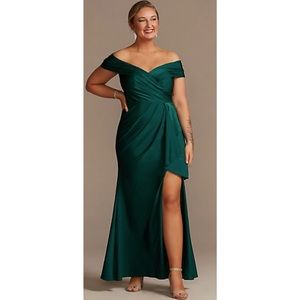 Off-the-Shoulder Stretch Satin Gown with Ruffle